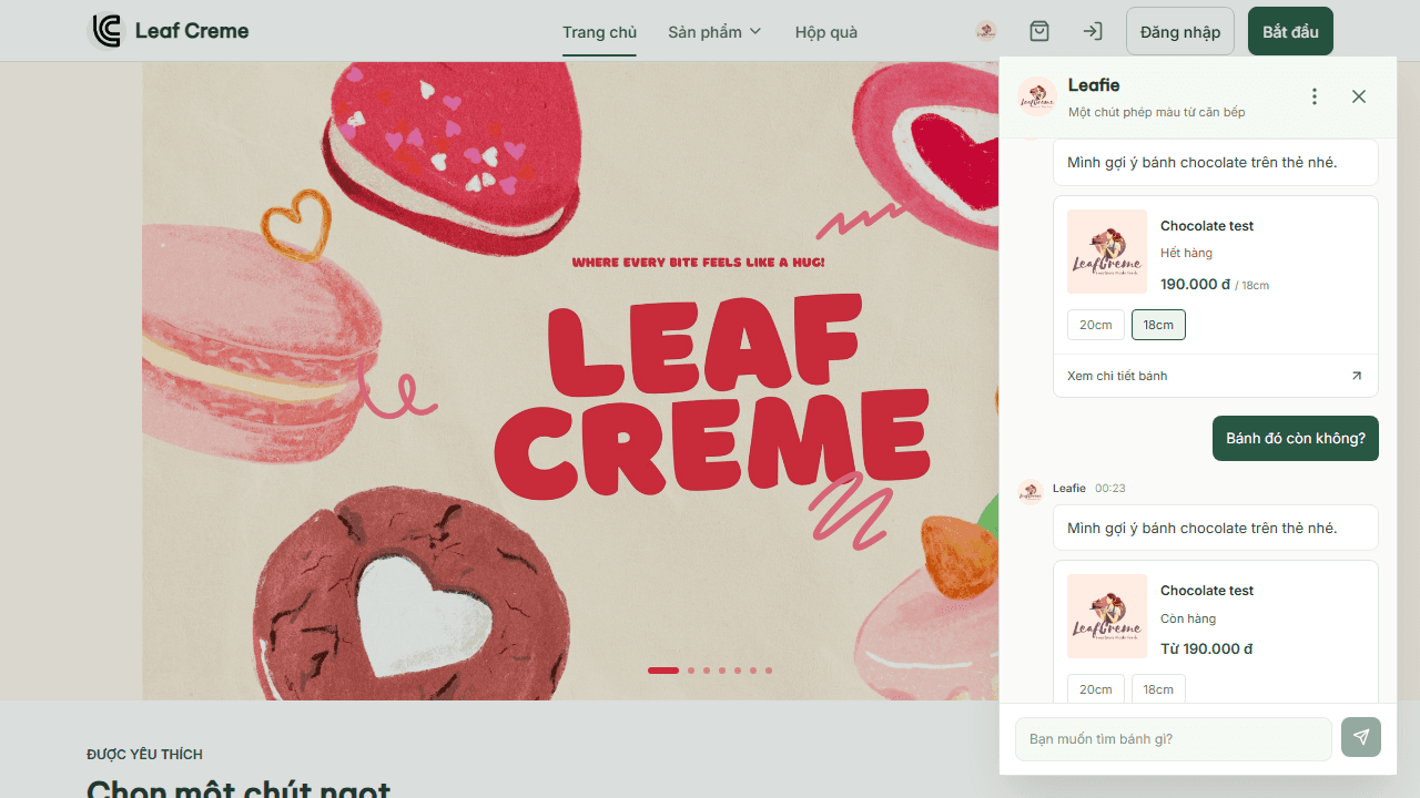 Leafie open beside the Leaf Creme storefront, with product cards, size choices, and a follow-up question in Vietnamese.
