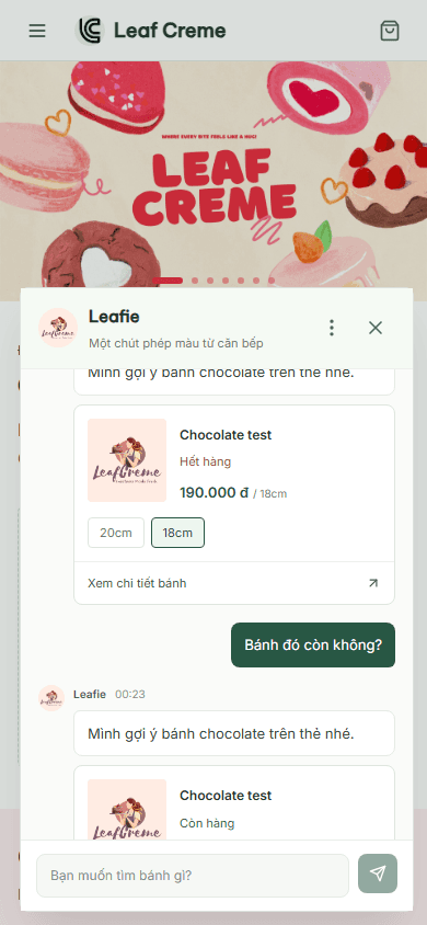 Mobile browser-test capture of Leafie showing a product card and conversation within the narrow viewport.