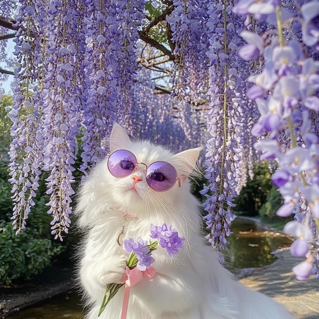 A white cat wearing purple sunglasses, holding a bunch of wisteria
