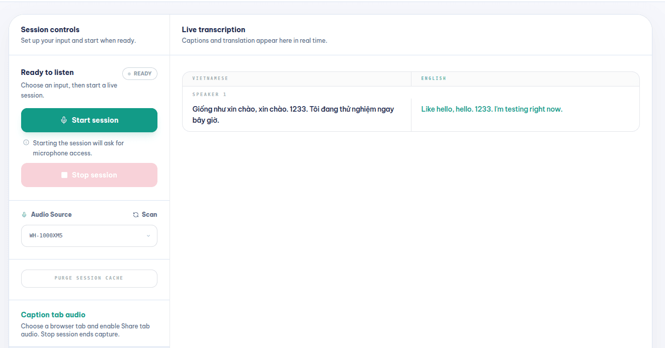 LiveCap workspace showing a Vietnamese test utterance alongside its English translation, with session controls on the left.