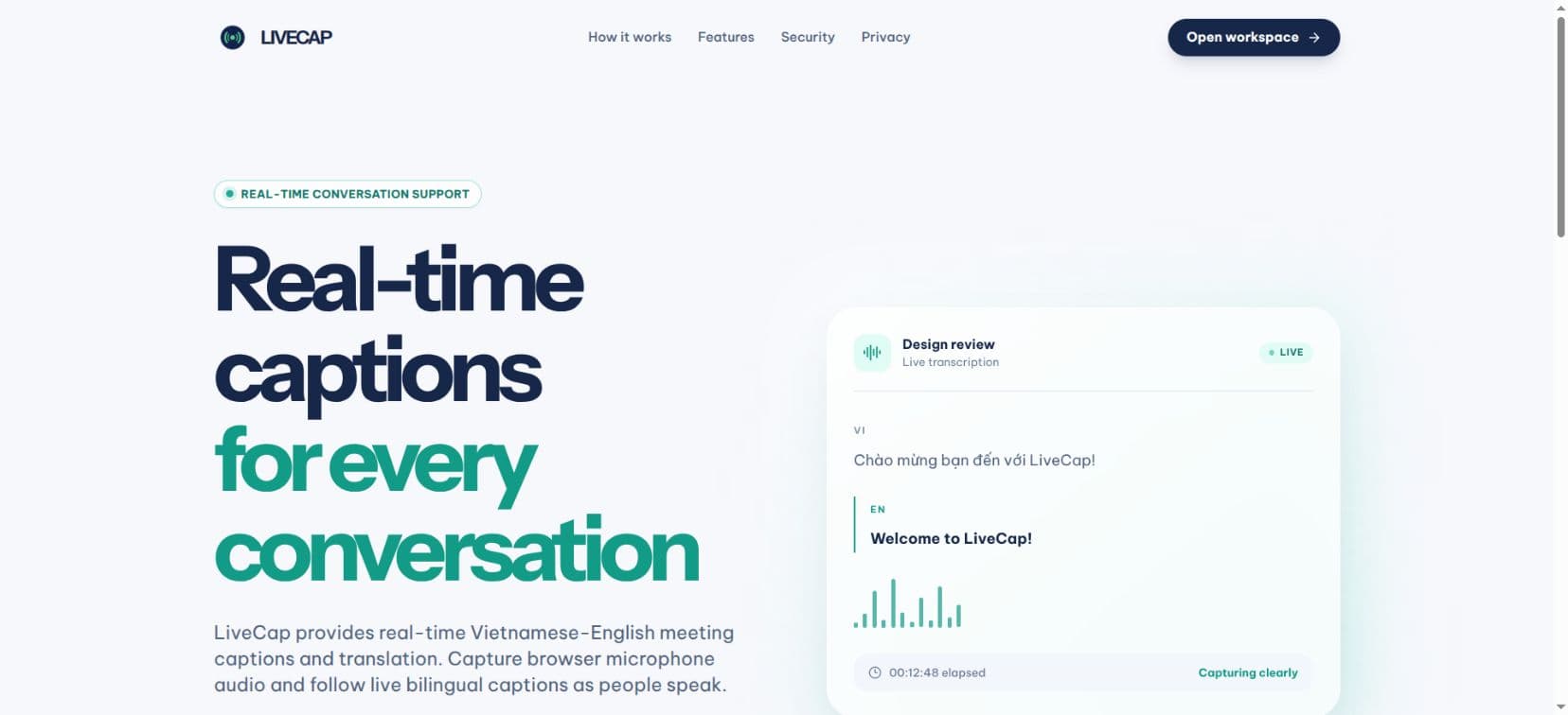 LiveCap's public landing page opened directly in Google Chrome.